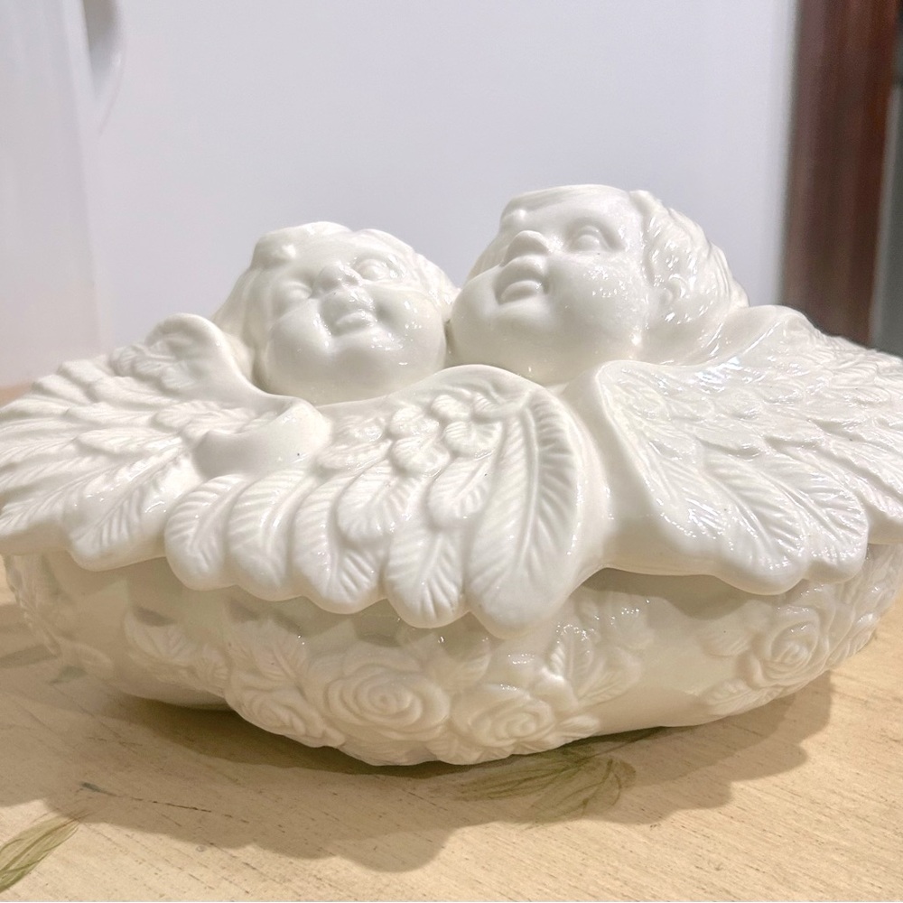 White Angel Cherub Covered  Dish Table Decor